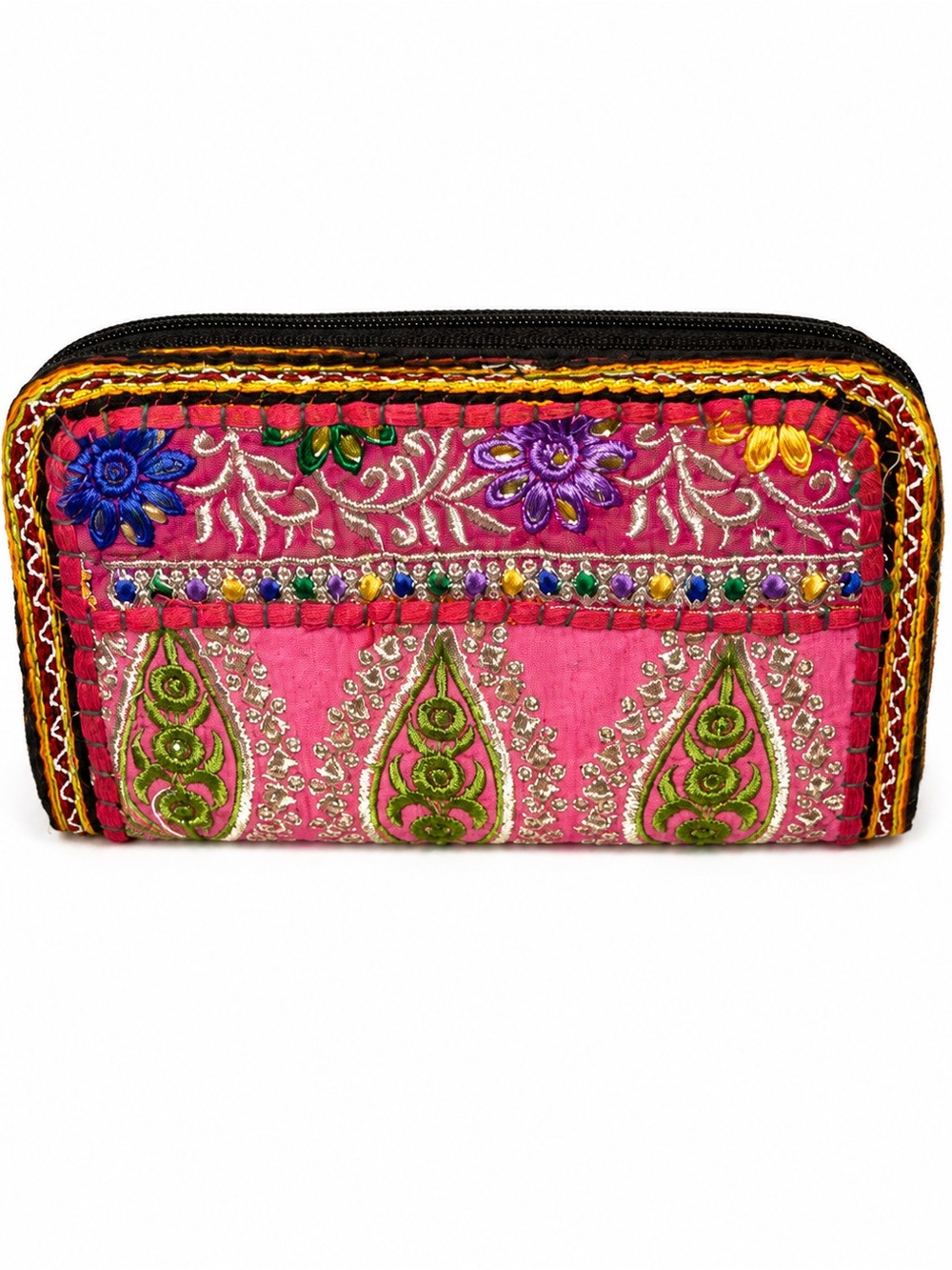 Banjara Embroidered Floral Pink Women's Zip Wallet - Ethnic Boho Style